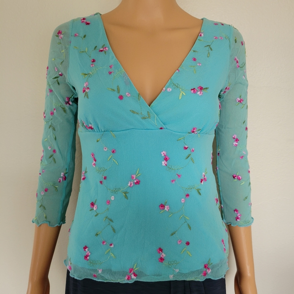 Y2k sheer sleeve 3/4 blue floral pink v neck faux wrap cottagecore vintage